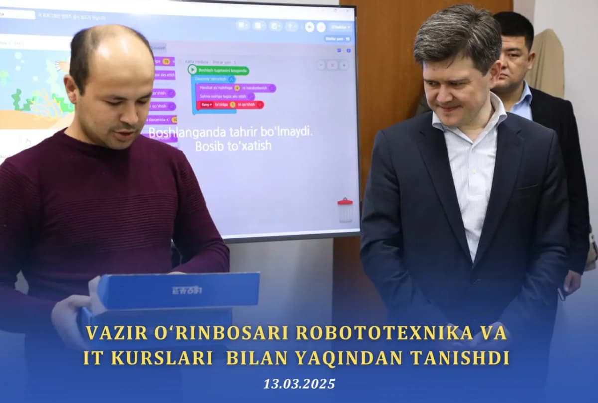 Maktabgacha va maktab ta'limi vaziri o'rinbosari Sardor Rajabov Osiyo texnologiyalar universiteti homiyligida tashkil etilgan “IT smart kids in Kashkadarya” loyihasiga tashrif buyurdi.